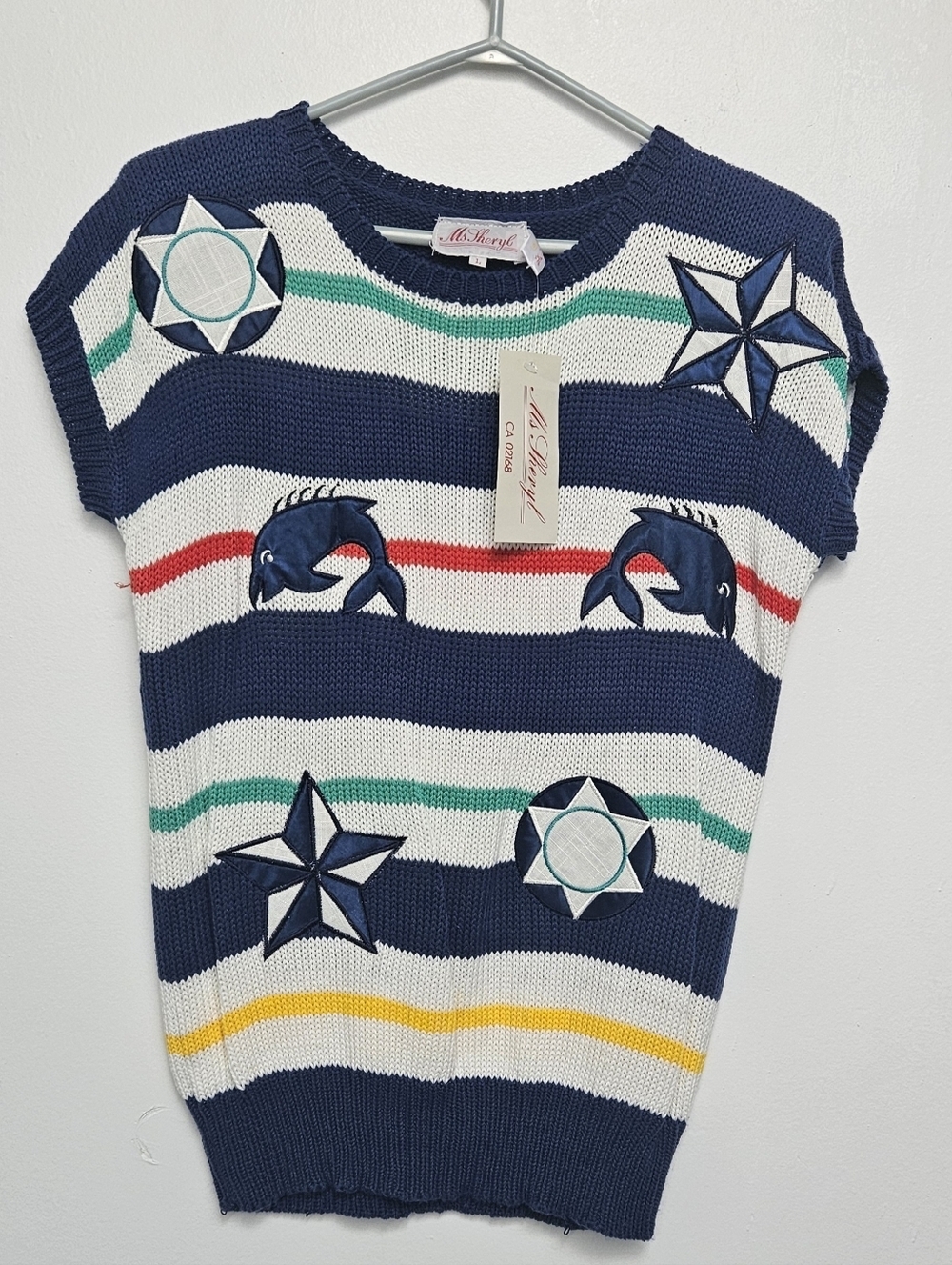 Vintage  Sz L Navy Nautical Striped Embroidered  Knit Pullover Short Sleeve Top